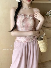 GS博主穿搭新中式一字肩碎花襯衫女設計感提花荷葉邊短款抹胸上衣