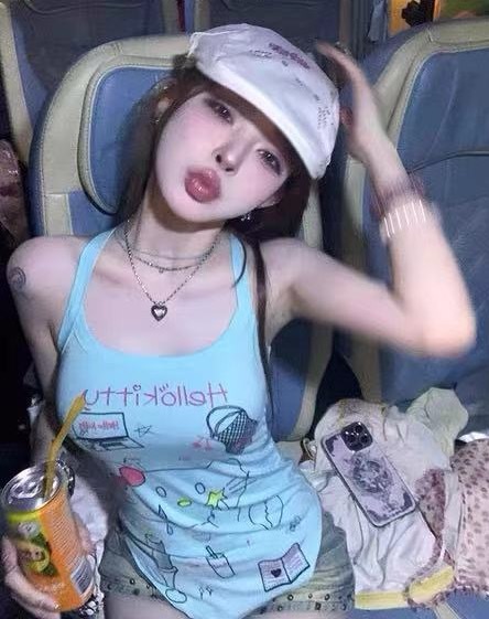 美式性感灰色卡通印花無袖掛脖背心女夏季純欲辣妹修身百搭上衣潮