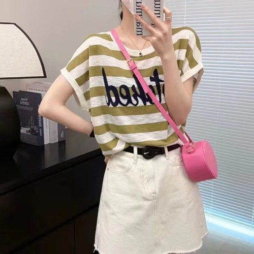 Korean Style Western Style Round Neck Color Blocked Bell Sleeve Knitted Sweater 2024 Summer New Style Striped Top for Women