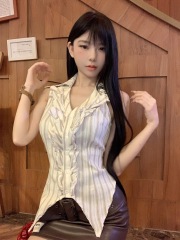 實拍 辣妹夏季掛脖V領馬甲無袖氣質設計感背心紐扣上衣女