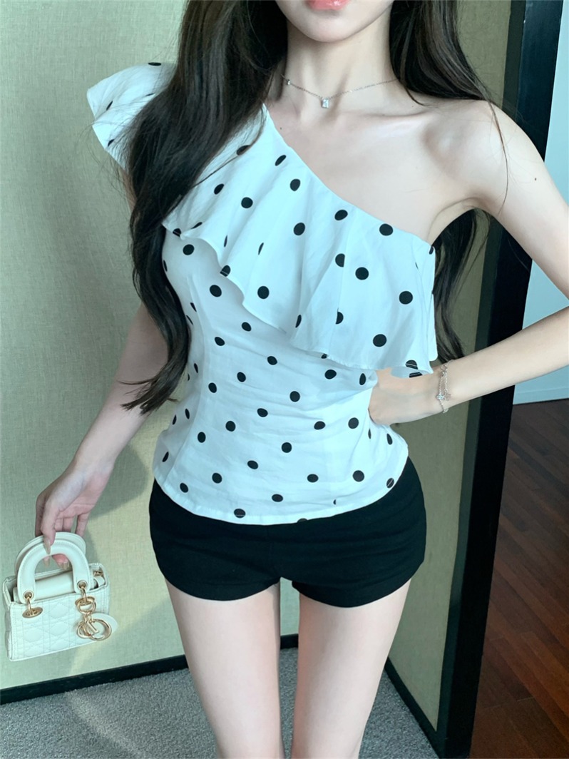 法式荷葉邊波點斜肩無袖背心女裝夏季修身設計感辣妹chic外穿上衣
