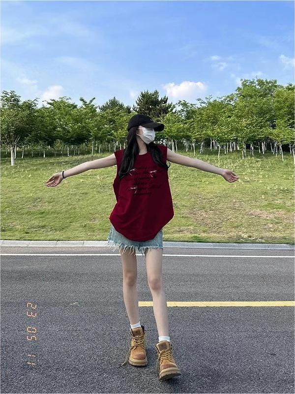 高質量純棉220克19支精梳緊密印花寬鬆大版無袖坎肩背心恤女