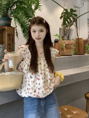 2024夏季新款無袖短款方領重工刺繡碎花背心上衣女遮肉顯瘦小清新