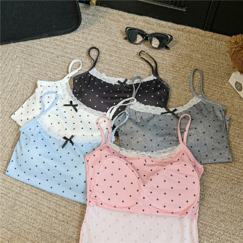 Real shot!  Sweet lace edge bow pink polka dot tank top with breast pads slim hot girl suspender belt