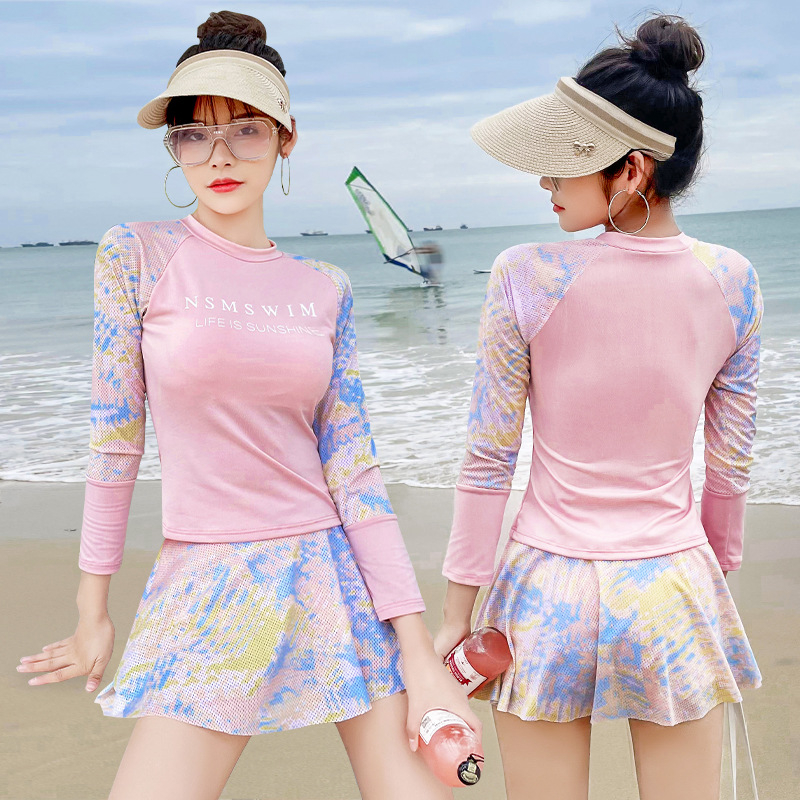 Women's Summer New Long Sleeve Swimwear, Separate Style, Sporty, Student, Teenage, Beach Hot Spring, Abdomen Covering, Slimming, Fairy-Tale Style Swimwear