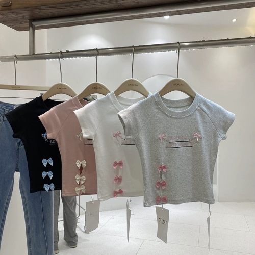 Summer 2024 new Korean style short-sleeved bow letter embroidered short-sleeved T-shirt tops for women ins