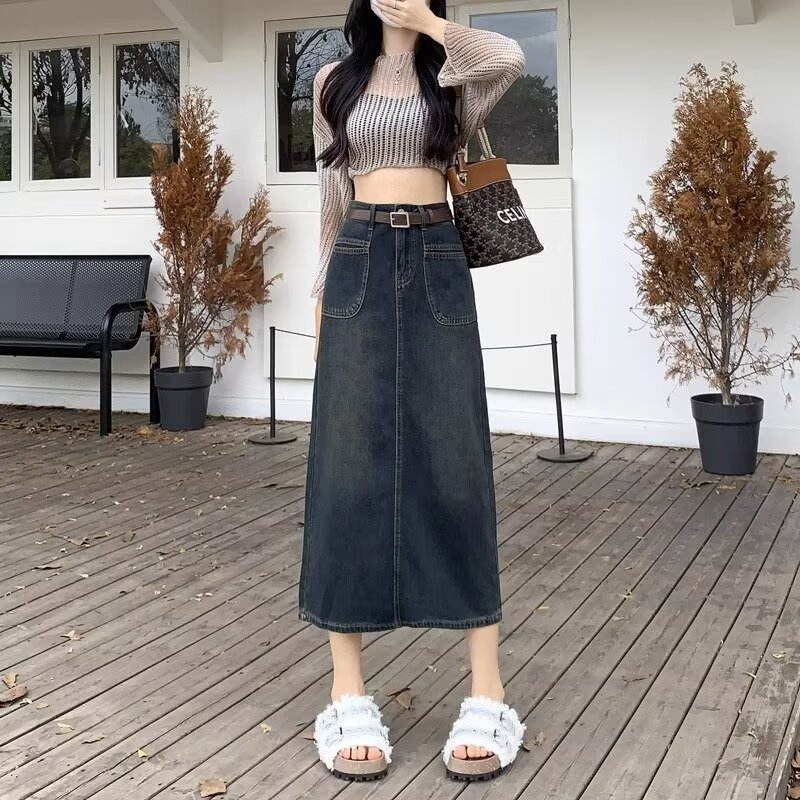 Real shot of plus size women's high waist denim long skirt skirt for women 2024 new style fat MM versatile slimming A-line umbrella skirt