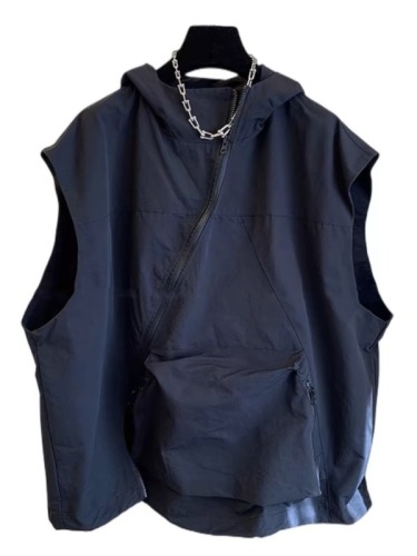 Diagonal zipper hooded vest, summer design work vest, sun protection jacket, vest, jacket