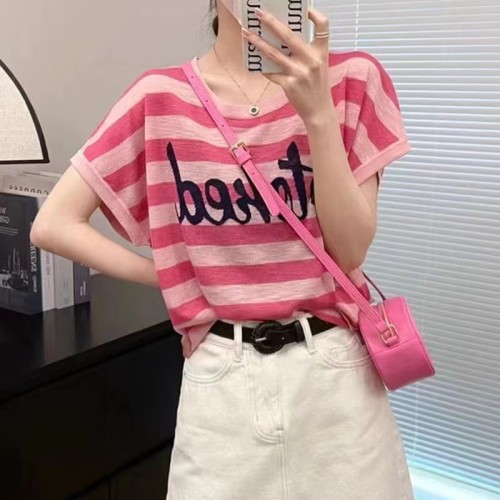 Korean Style Western Style Round Neck Color Blocked Bell Sleeve Knitted Sweater 2024 Summer New Style Striped Top for Women