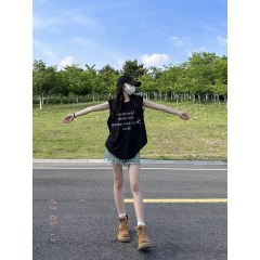 高質量純棉220克19支精梳緊密印花寬鬆大版無袖坎肩背心恤女