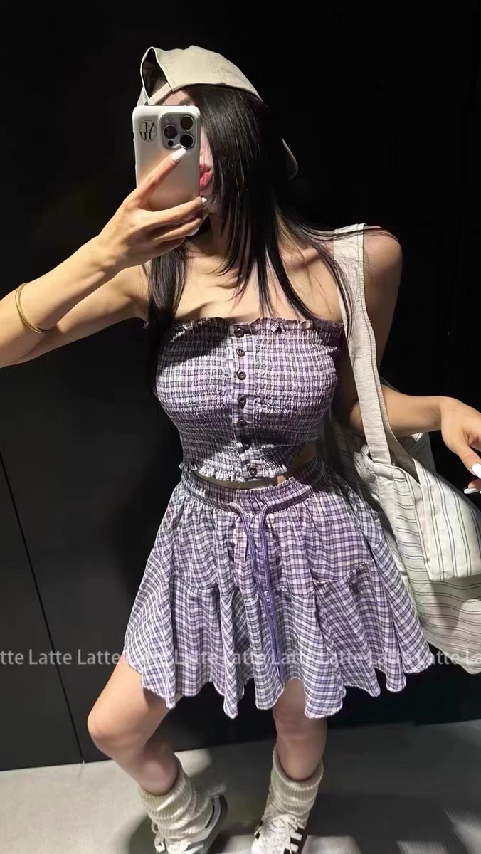 韓國東大門新款套裝裙時尚抹胸打攬背心+格紋抽繩A字半身裙女