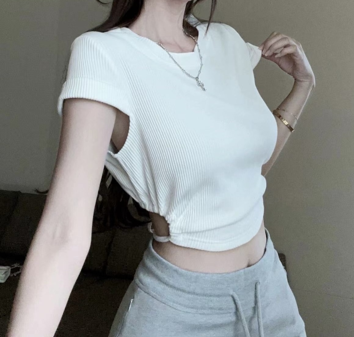 純欲甜辣妹性感露背心機短款後綁帶上衣女修身百搭T恤設計感小眾