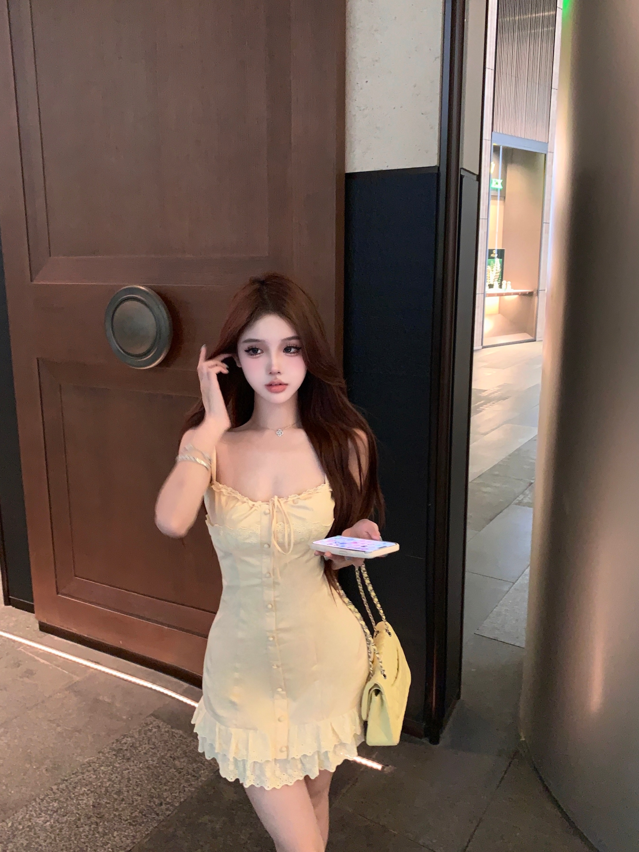 實拍 純欲初戀小白花奶黃包蕾絲拼接雙層花邊甜美吊帶裙夏女