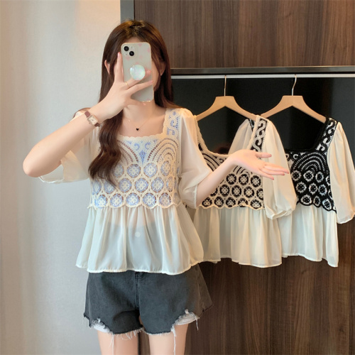 New 2024 Summer New T-shirt Summer Puff Sleeve Retro Knitted Splicing Square Neck Elegant Temperament Top