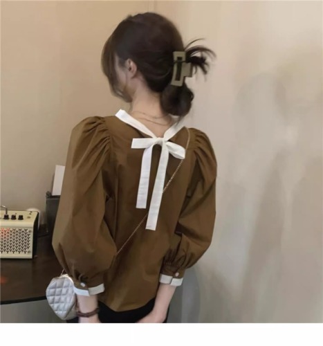 新款韩版宽松法式复古长袖衬衫设计感气质系带套头上衣女