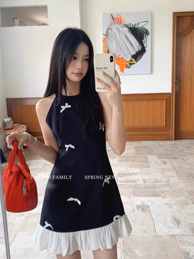 TAOTAO FAMILY夏季優雅掛脖式蝴蝶結背心裙女韓版氣質露肩A字短裙