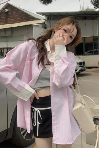 实拍韩系chic复古撞色条纹衬衫女2024新款法式拼接长袖上衣防晒衫