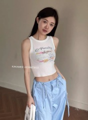 kakamee2024夏新款美式復古日落椰樹印花修身彈力彈力背心女上衣