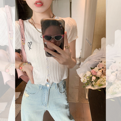 Korean college style chic short-sleeved sweater for women 2024 summer new style thin front shoulder short top trendy