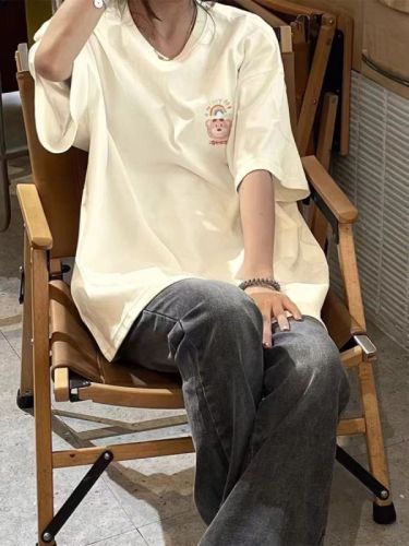 200 grams of fine combed close-set Sateen spun pure cotton back cover strip spring and summer loose shoulder printed short-sleeved T-shirt 