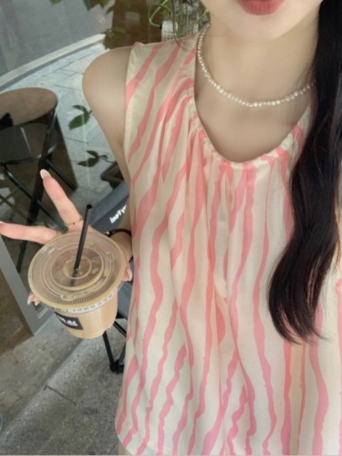 实拍！韩国夏季宽松百搭遮肉显瘦甜美小衫女圆领条纹背心上衣