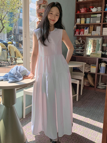 韩国chic夏季新款极简主义法式少女感褶皱宽松显瘦无袖蛋糕连衣裙