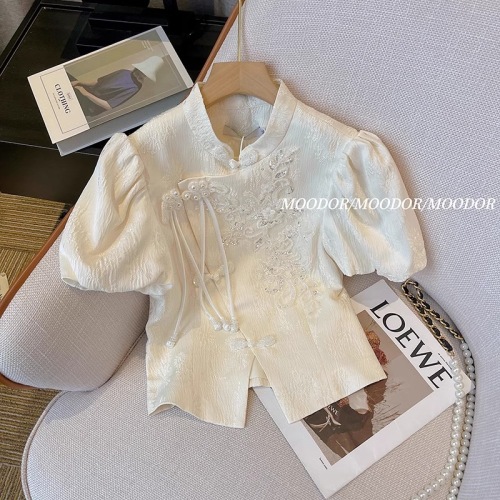 新中式中国风白色短袖衬衫女夏季2024新款小个子高级感泡泡袖上衣