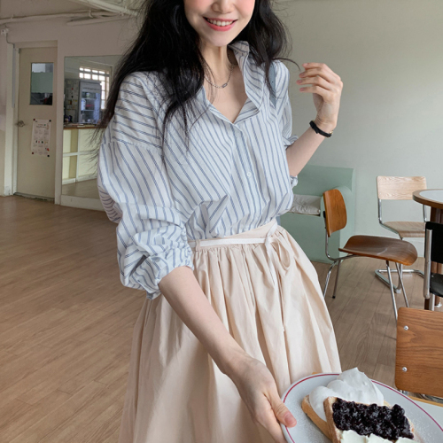 条纹长袖衬衫 慵懒风衬衣女款 2024新款 小个子大码chic韩国