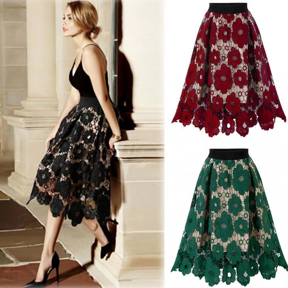 Elegant European and American Style Plus-Size Elastic Waist Lace Semi-Skirt, A-Line Medium-Length Skirt for Women