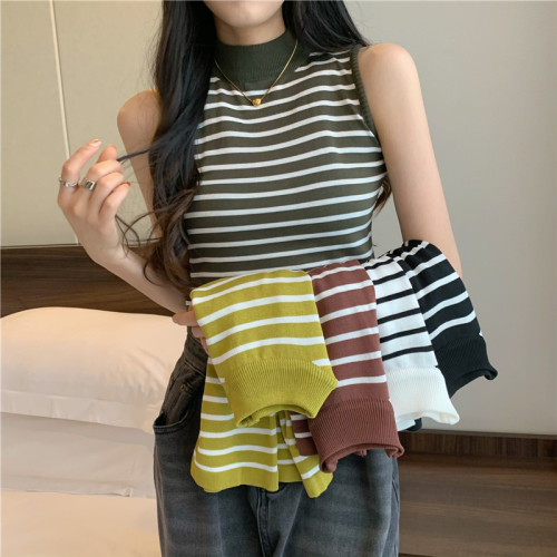 Real shot of French round neck striped camisole women's slim slim sleeveless outer knitted bottoming shirt top