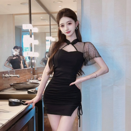 Real shot of sexy mesh spliced ​​short-sleeved modified cheongsam collar bottoming hip-hugging dress with temperament and design