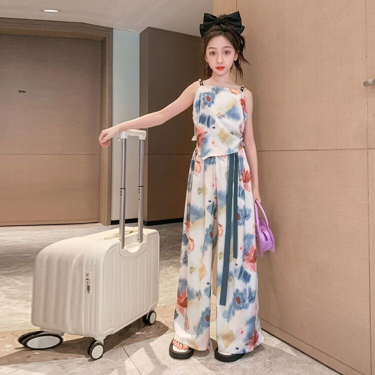 女童夏季套裝2024新款網紅兒童時髦洋氣女大童夏裝闊腿褲兩件套潮