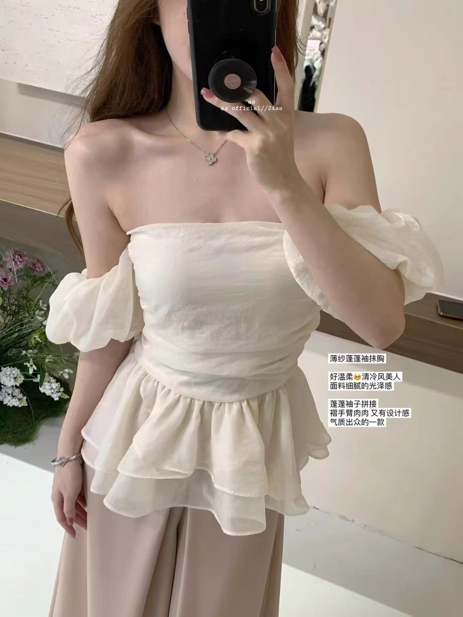 FTONG 清冷風美人 夏季薄紗蓬蓬袖抹胸上衣女 好溫柔！