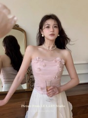 LELART夏裝新款法式氣質超仙網紗花朵純欲短款抹胸上衣裹胸外穿女