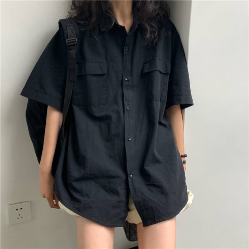 Workwear Black Girls Spring and Autumn Loose Slim Shirt Women's Hong Kong Style Outer Wear Versatile Hong Kong Style Top Short Sleeve Shirt