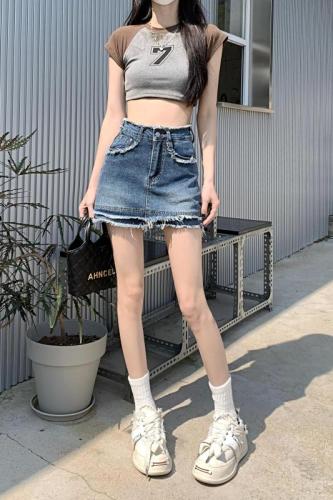 韩系双层毛边牛仔短裙防走光夏季新款高腰显瘦大长腿半身裙