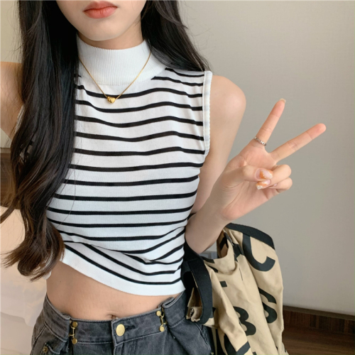 Real shot of French round neck striped camisole women's slim slim sleeveless outer knitted bottoming shirt top