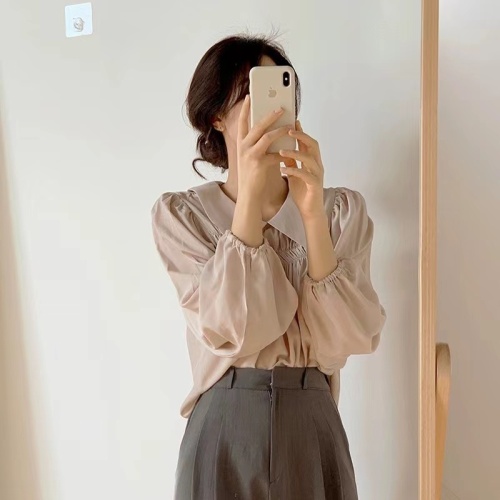 韩风chic衬衫女设计感小众法式复古娃娃领宽松衬衫