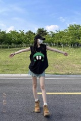 高質量純棉220克19支精梳緊密印花寬鬆大版無袖坎肩背心恤女