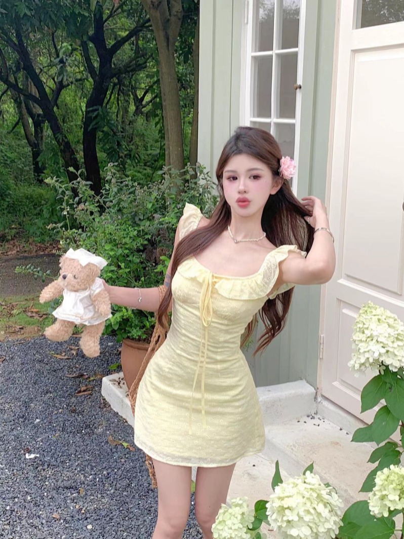 Shooted French-style tea party dress with soft wind A-line waist-cinch skirt