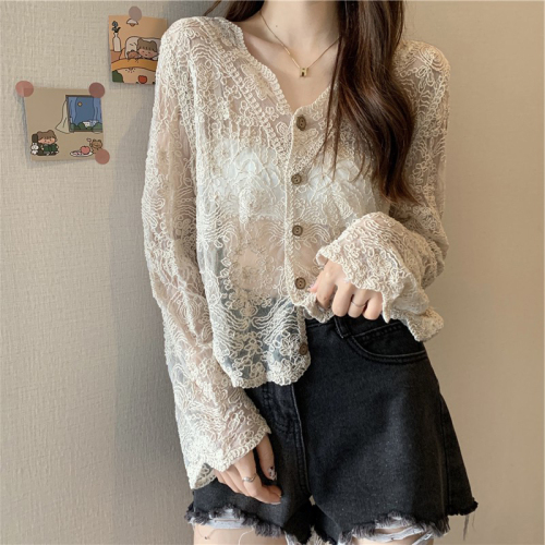 Super fairy sun protection clothing for women 2024 new summer thin loose mesh hollow blouse lace shirt shawl small coat