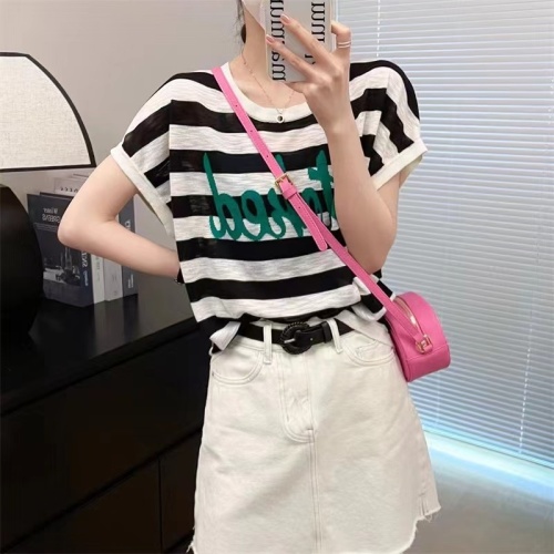 Korean Style Western Style Round Neck Color Blocked Bell Sleeve Knitted Sweater 2024 Summer New Style Striped Top for Women