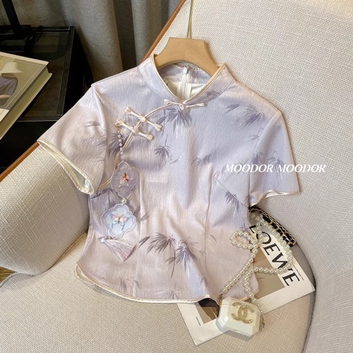 新中式轻国风紫色短袖上衣女装夏季2024新款短款珍珠盘扣刺绣衬衫