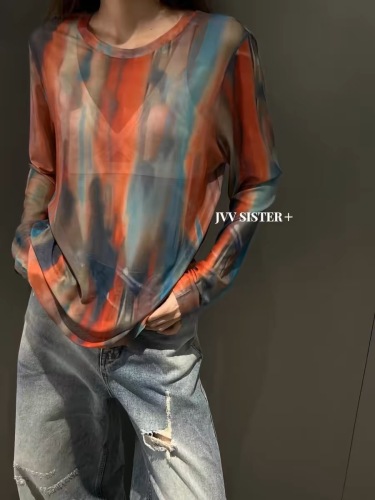 JVV SISTER hot girl style tie-dye printed mesh long-sleeved T-shirt women's spring and summer see-through slim bottoming shirt top