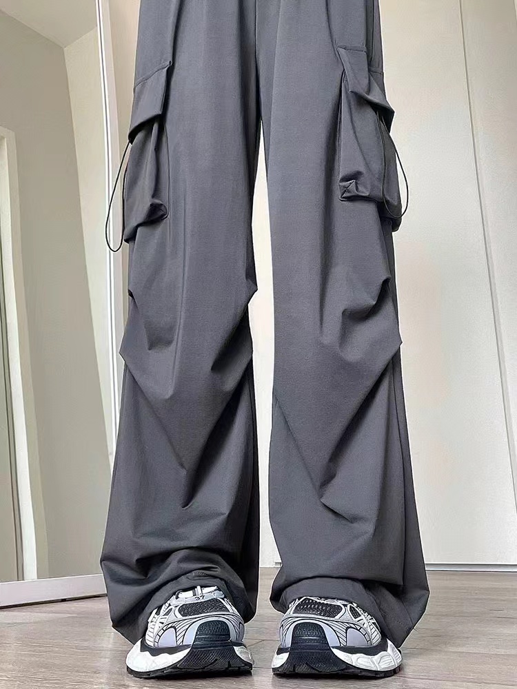 Official image gray work pants for women summer high-waist parachute pants casual wide-leg pants American sport pants
