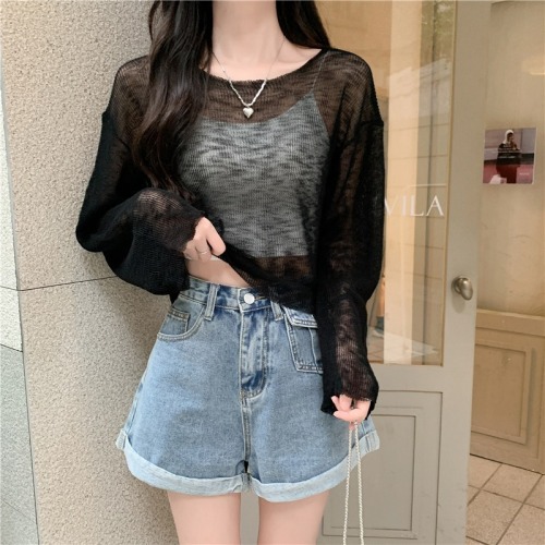 Tmall quality sun protection clothing for women summer thin 2024 new versatile hollow breathable knitted blouse top