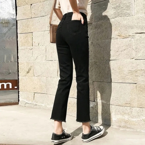 直筒黑色牛仔裤女夏季薄款韩版修身百搭显瘦弹力八分裤高腰九分裤
