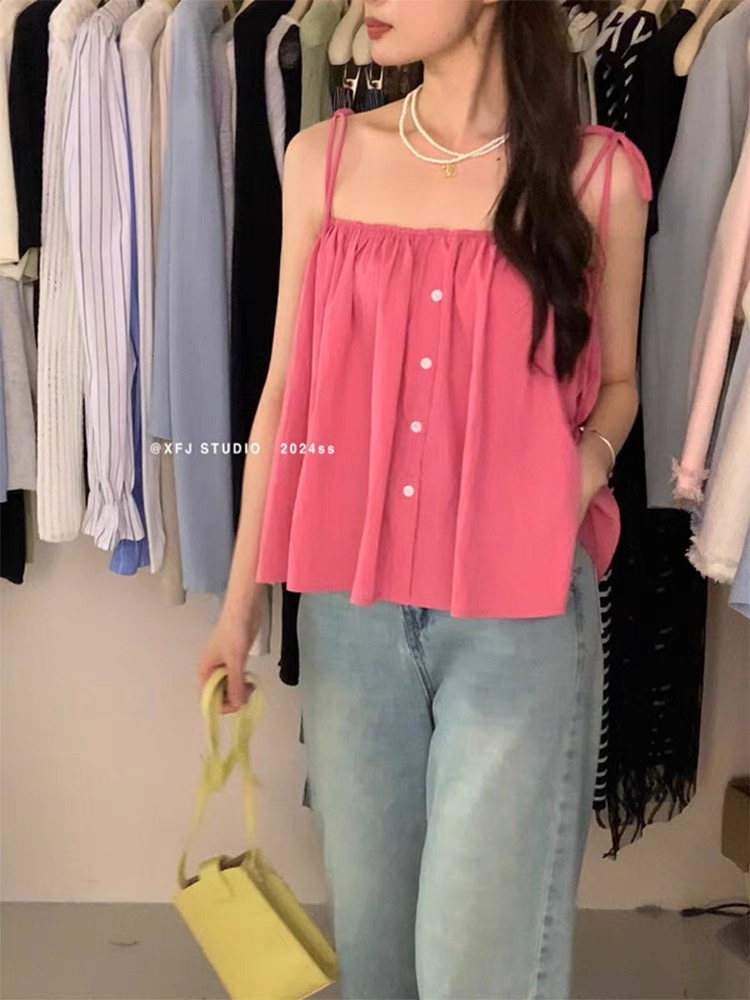 Korean-style adjustable dopamine vest for women, summer outerwear, 2024 new design, doll shirt, pure desire top