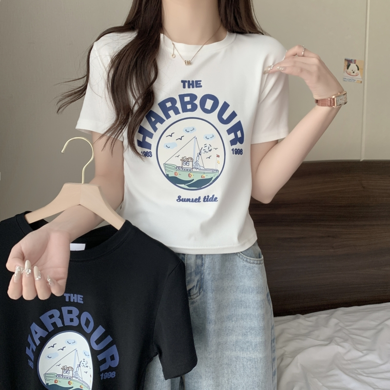 Photographed Pure Desire Spiced Girl Short Print Top Women Summer Fitted Slimming High-Waisted Unique Straight Shoulder Short-Sleeve T-Shirt Women