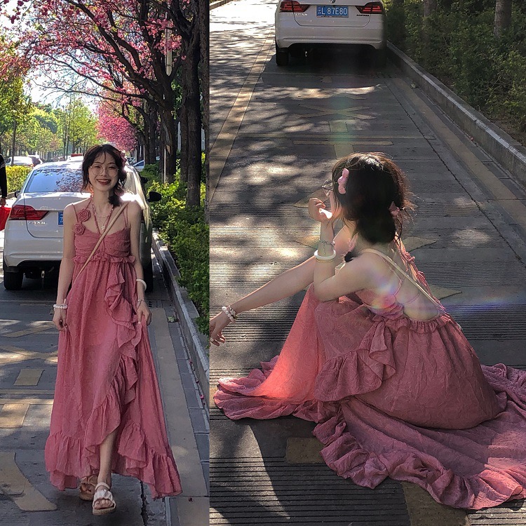 ALITTLE 亂糟糟"薔薇之夏" 不規則度假風設計感玫瑰吊帶裙女露背